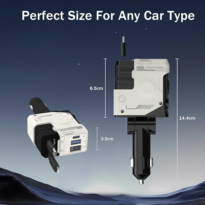 Retractable Car Charger, 4 in 1 Retractable Phone Charger with 66W Fast Charging, 2 Retractable Cables and 2 USB-C USB-A Port Compatible with iPhone 16/15/14/13/12/11, Samsung,Galaxy,Pixel (White)
