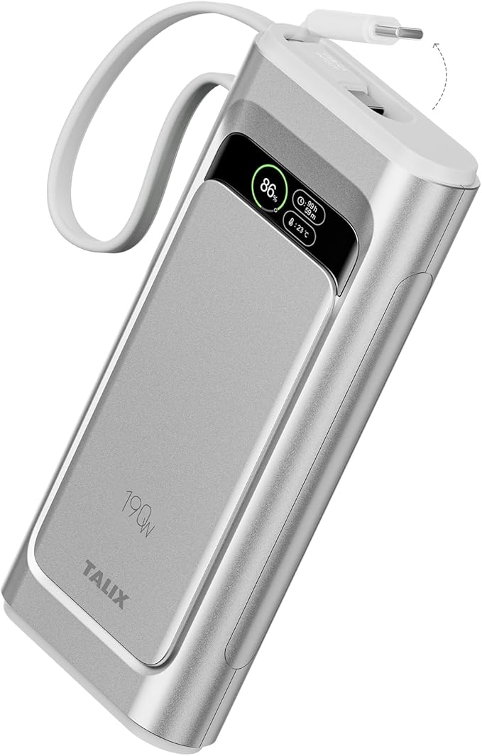 TALIX 190W 20000mAh Portable Charger,3-Port USB-C Fast Charging Power Bank Battery Pack with Built-in Retractable Cables for MacBook,Laptop,Computer,Cell Phones,iPhone 17,iPad,Android,Samsung,Silver