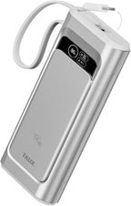 TALIX 190W 20000mAh Portable Charger,3-Port USB-C Fast Charging Power Bank Battery Pack with Built-in Retractable Cables for MacBook,Laptop,Computer,Cell Phones,iPhone 17,iPad,Android,Samsung,Silver