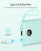 VRURC Portable Phone Charger for iPhone, 10000mAh Power Bank Built in Cables & Lanyard, Slim USB C Battery Bank 5 Outputs for Multi Devices,Travel Essential for College Students Teen Boys Girls-Green