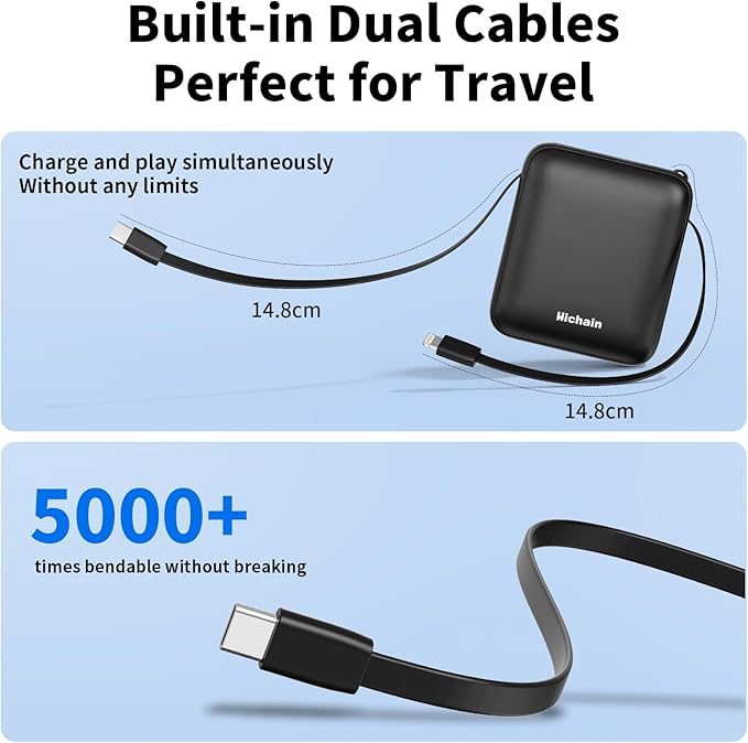 Hichain Small Portable Charger with Built in Cables LED Display, Mini Power Bank 10000mAh 22.5W USB-C Fast Charging Battery Pack, Travel Essential Power Bank for iPhone, iPad, Samsung, Android (Black)
