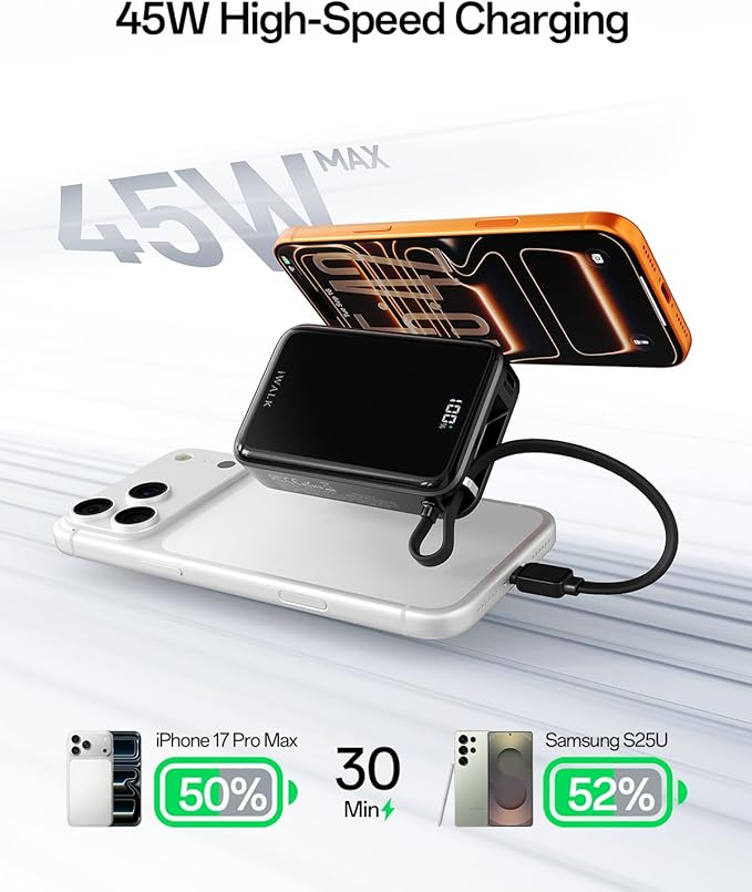 iWALK Portable Charger, 10000mAh 45W PD Power Bank, USB C in&Out Fast Charging Battery Pack with Phone Stand, Travel Essential Powerbank for iPhone 17 16 15 14 13 12 Samsung S25 MacBook etc,Black