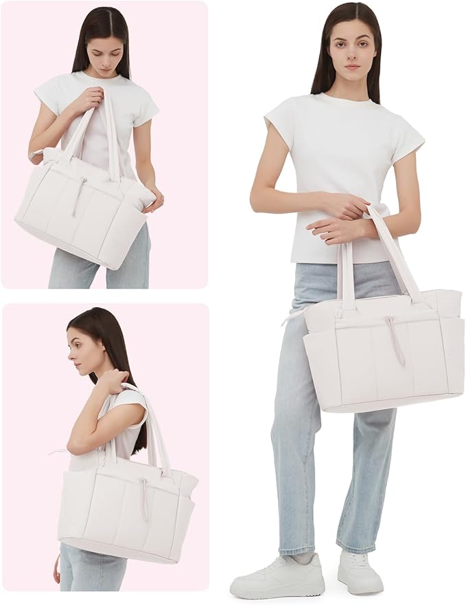 Wandering Nature Puffer Tote Bag with Cup Holder & Laptop Compartment & Trolley Sleeve for Travel, Work, Nurse, Women