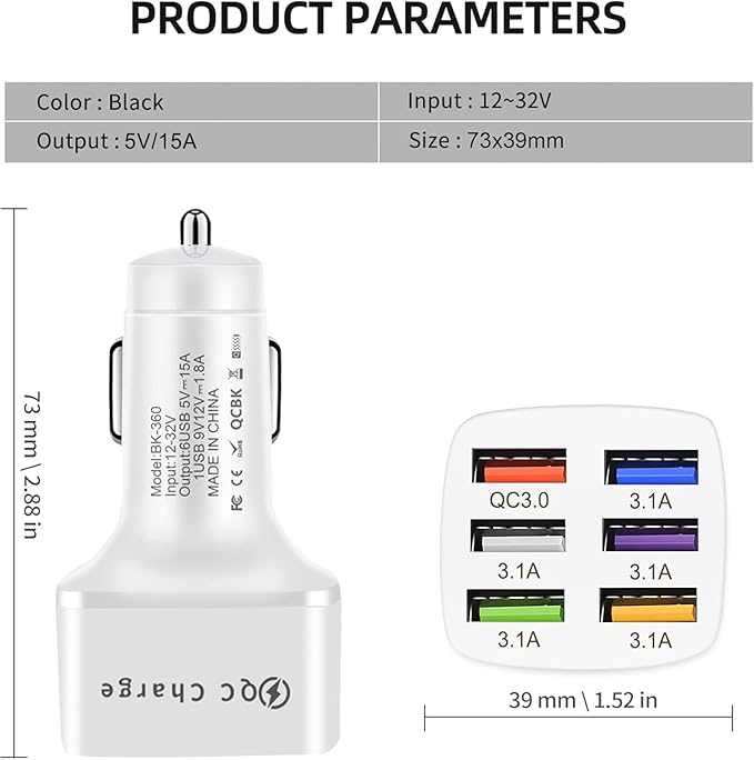 Amiss Car Charger Adapter, 6 USB Multi Port, Fast Charger, Include QC 3.0 and 5 Other Ports, Car Interior Accessories, Fit for iPhone 17/16/15/14/13Pro Max, Samsung, Android (White 1pc)