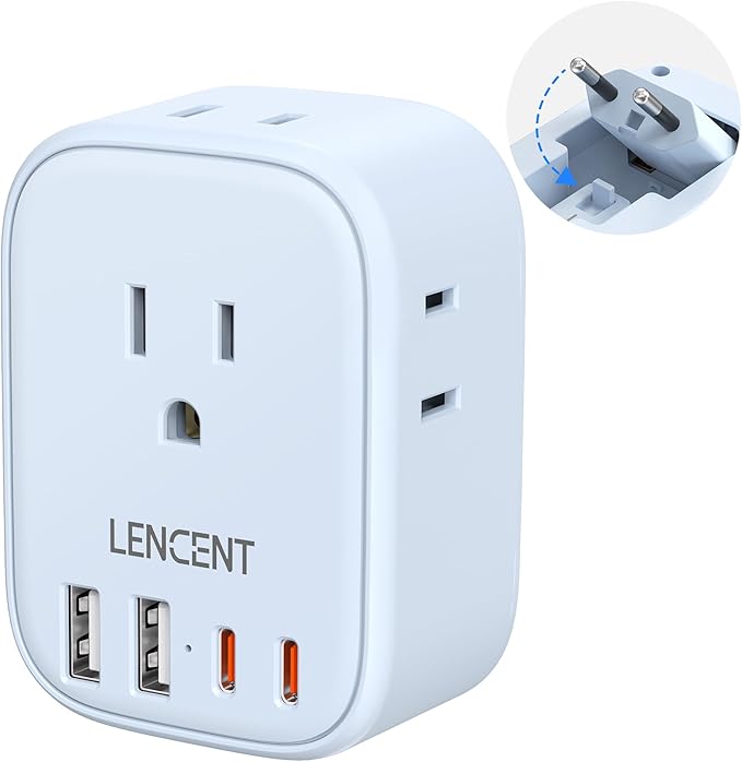 European Travel Plug Adapter, LENCENT US to Europe Type-C Foldable Power Plug with 4 Outlets 4 USB Ports (2 USB C), Power Adaptor for USA to EU Euro Iceland Spain Italy France Germany Greece, Blue