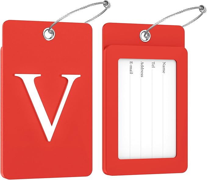 Gostwo 2 Pack Luggage Tags for Suitcases, 26 Initial Letter Travel Luggage Baggage Identification Labels ID Tag Fully Bendable Tags with Stainless Steel Loop (Red) (Letter V)