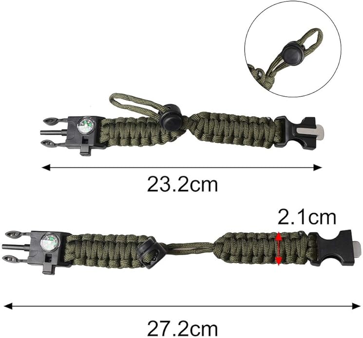 ZHIYE Survival Paracord Bracelet Flint Fire Starter Scraper Compass Wilderness Survival Whistle Adjustable Wristband 2Pack Black&Armygreen