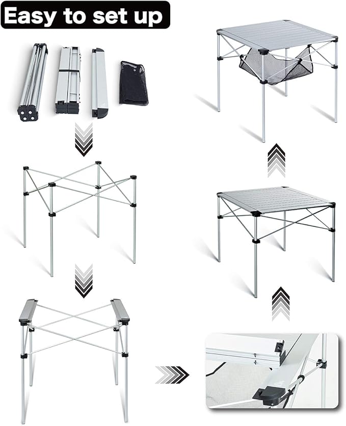 iClimb Lightweight Stable Alu. Folding Square Table Roll Up Top with Carry Bag for Camping Picnic Backyards BBQ Camp Kitchen (Black, L)