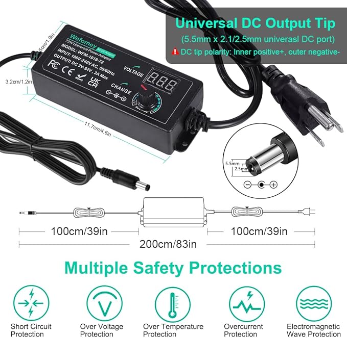Universal Power Supply 3V~24V 3A 72W Adjustable Variable 3V 5V 6V 9V 12V 15V 18V 20V 24V AC/DC Adapter Charger, 100V-240V AC to DC Converter with 14 Tips and Polarity Converter