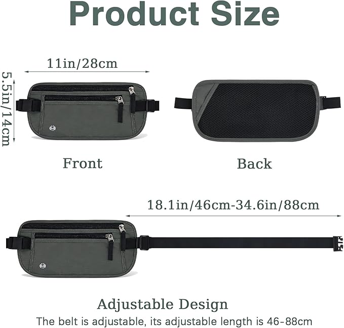 FuninCrea Waterproof Hidden Money Belt for Travel, Anti-Theft Belt Bag with RFID Blocking Function Adjustable Slim Waist Bag with 2 Zipper Pockets & 1 Back Pocket for Travel Running (B, Deep Grey)