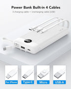 VRURC Portable Charger Built in Cables, Slim Power Bank 10000mAh, Multi Devices Charging Bank with Lanyard, USB C Battery Pack 5 Outputs for iPhone 17 Pro 17 16 15 14 13, Samsung Phones-White(1 Pack)