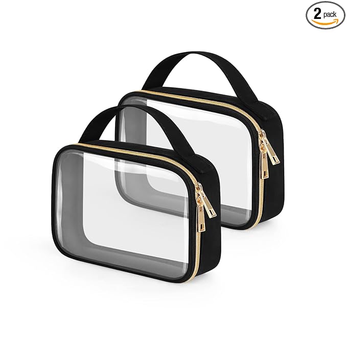 Wedama TSA Approved Toiletry Bag, 2 Pack Clear Makeup Bags with Handles, Quart Size Clear Toiletry Bags, PVC Cosmetic Bags for Women and Men, Carry on Airport Airline Compliant Bag, Black