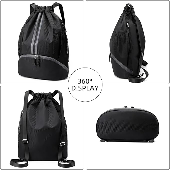 Valleycomfy Sports Drawstring Backpack - Water Resistant String Bag with Side Mesh Pockets Shoe Compartment Gym Backpack for Women & Men Dark Blue