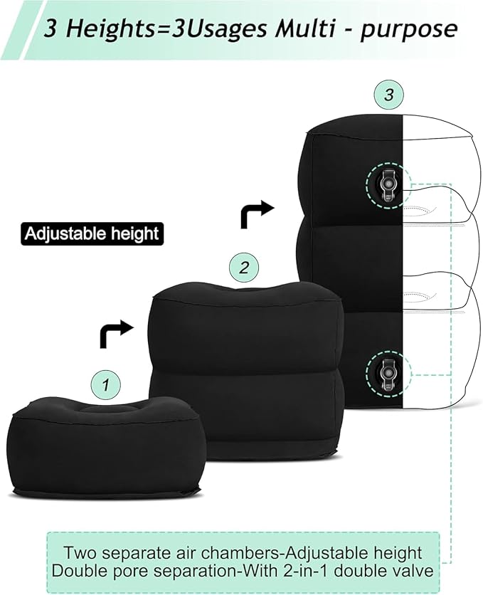 Inflatable Travel Foot Rest Pillow, Kids Airplane Bed, Adjustable 3 Layers Height Leg Rest Pillow, Adults Travel Essentials Great for Airplane, Office, Home, Trains, Cars (Black)