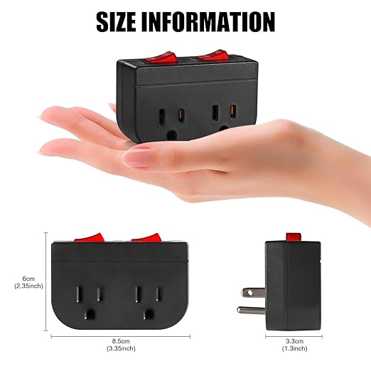 Grounded Outlet with Double ON Off Switch, VSEER 2 Port Electrical Outlet Plug Switch 15A 1875W / Wall Tap Adapter with Daul Red Indicator, ETL Listed (Black 1-Pack)