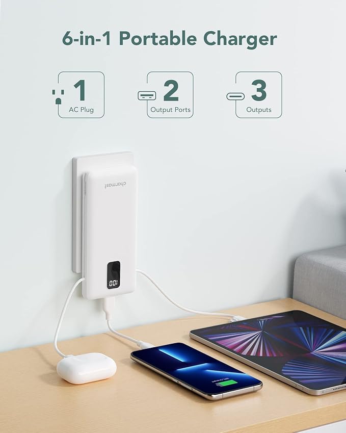 charmast Portable Charger with Built-in Cables and Wall Plug, 10000mAh USB C Portable Power Bank, Potable Phone Charger, Travel Essentials Compatible with iPhones, Samsung Galaxy, iPad