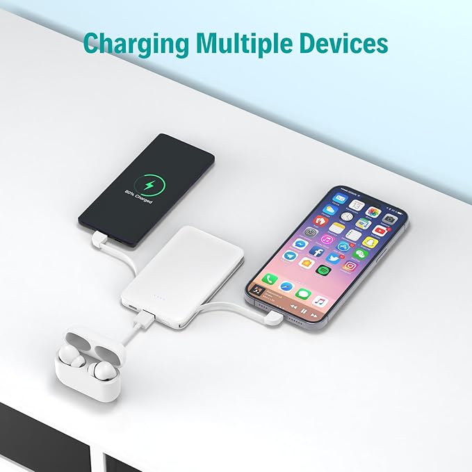 Sethruki Smallest Portable Charger with Built-in Cables 5000mAh,Ultra Slim Power Bank,Mini High Speed External Battery Packs,Lightweight USB C Phone Charger for iPhone Samsung Google Android (White)