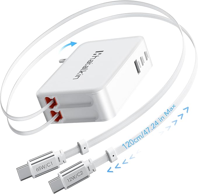 65W for MacBook Pro Charger,5-in-1 Retractable Wall Charger Plug for iPhone 17, Dual 3.94 ft PD USB C Cable&3 Ports, Fast Charging Block for Mac Book Pro/Air, M1 M2 M3 M4 M5, iPad Pro,Galaxy,Pixel