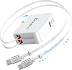 65W for MacBook Pro Charger,5-in-1 Retractable Wall Charger Plug for iPhone 17, Dual 3.94 ft PD USB C Cable&3 Ports, Fast Charging Block for Mac Book Pro/Air, M1 M2 M3 M4 M5, iPad Pro,Galaxy,Pixel