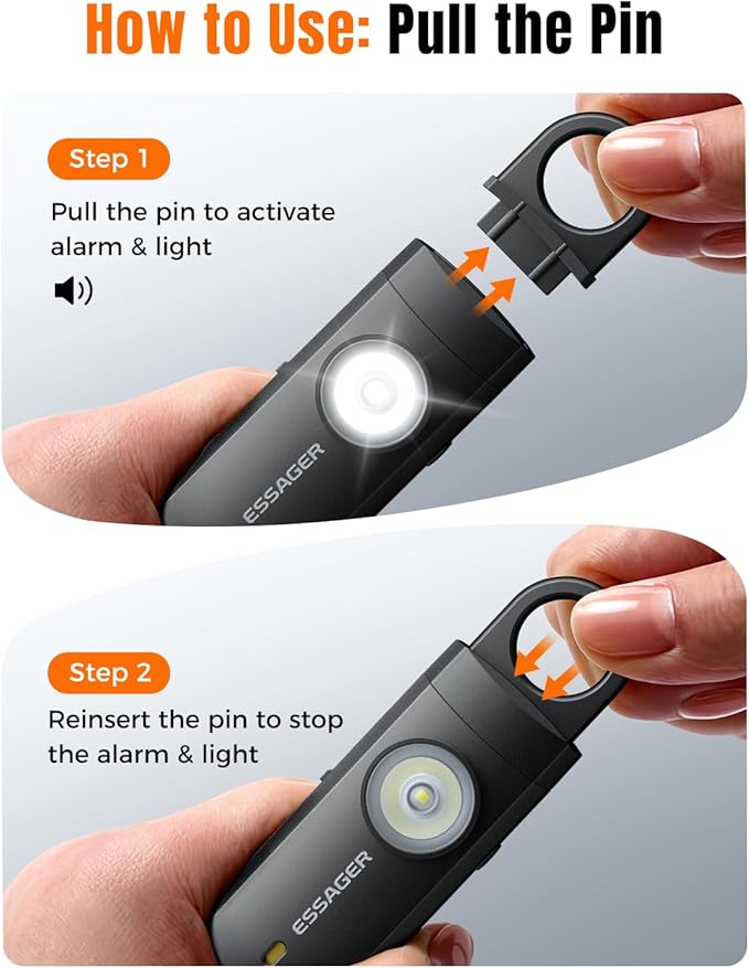 ESSAGER Personal Safety Alarm for Women, 130 dB Self Defense Siren, Rechargeable & Portable with Keychain and Carabiner, Low Battery Notice, LED Strobe Light for Kids, Seniors, College Students(Black)
