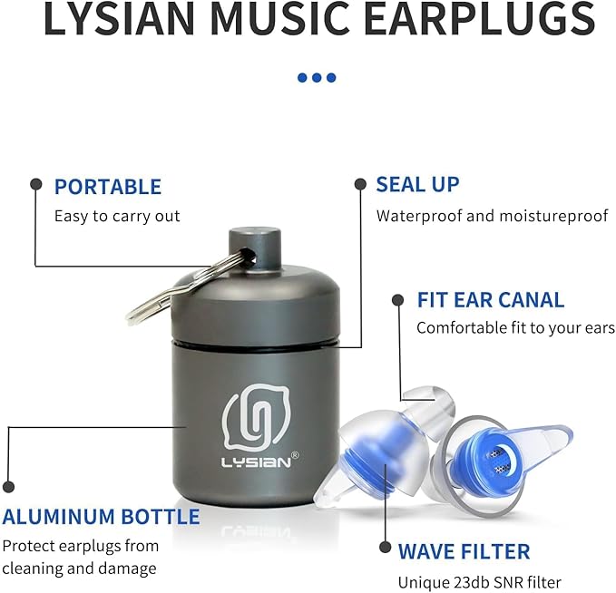 LYSIAN High Fidelity Concert Ear Plugs, 23dB Noise Reduction Musician Earplugs for Concerts, Festivals & Raves, Reusable Soft Earplugs with Aluminum Case, 2 Pairs Blue