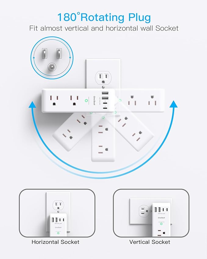 PD 30W Surge Protector Outlet Extender, Rotating Plug, One Beat 6 AC Multi Plug Outlet with 4 USB Ports (2 USB C), 1800J, 3-Sided Swivel Power Adapter with Spaced Outlet Splitter for Home Office Dorm