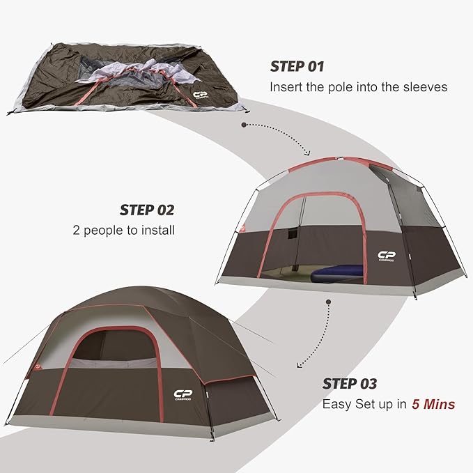 CAMPROS CP Camping Tent 2/4/6 Person, Waterproof Windproof Double Layer Dome Tent, Easy Setup with Large Mesh Windows & Wide Door for Outdoor Camping Backyard