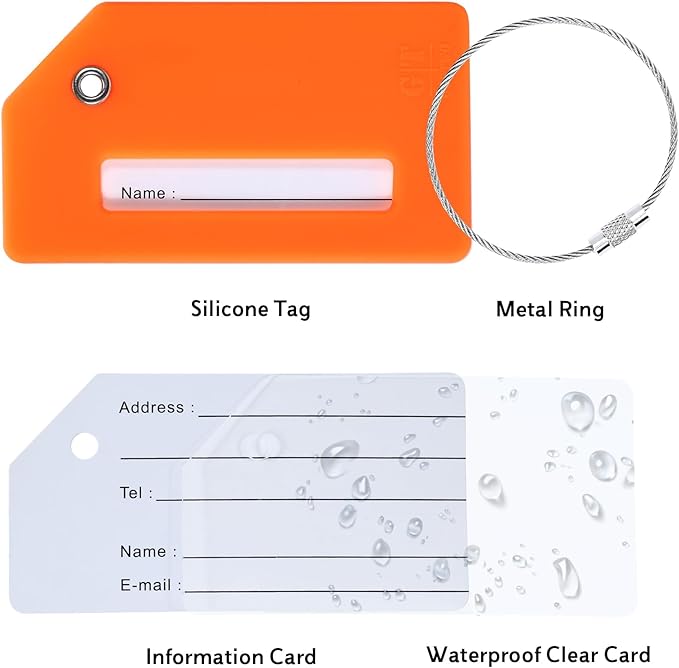 5 Pack Silicone Luggage Tag for Suitcases with Stainless Loop, TSA Approved, Privacy Protection Travel Essentials Bag Tags by Gostwo, Orange