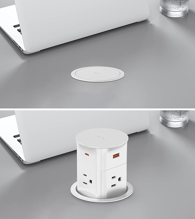 Power Strip Pop up Outlet for Countertop,PD 65W USB C,4 USB Ports,4 Outlets Tamper Resistant,Flush Mount,Space Saver Recessed Receptacle,ETL Listed (White, 6FT_4 Outlets_65W USB)