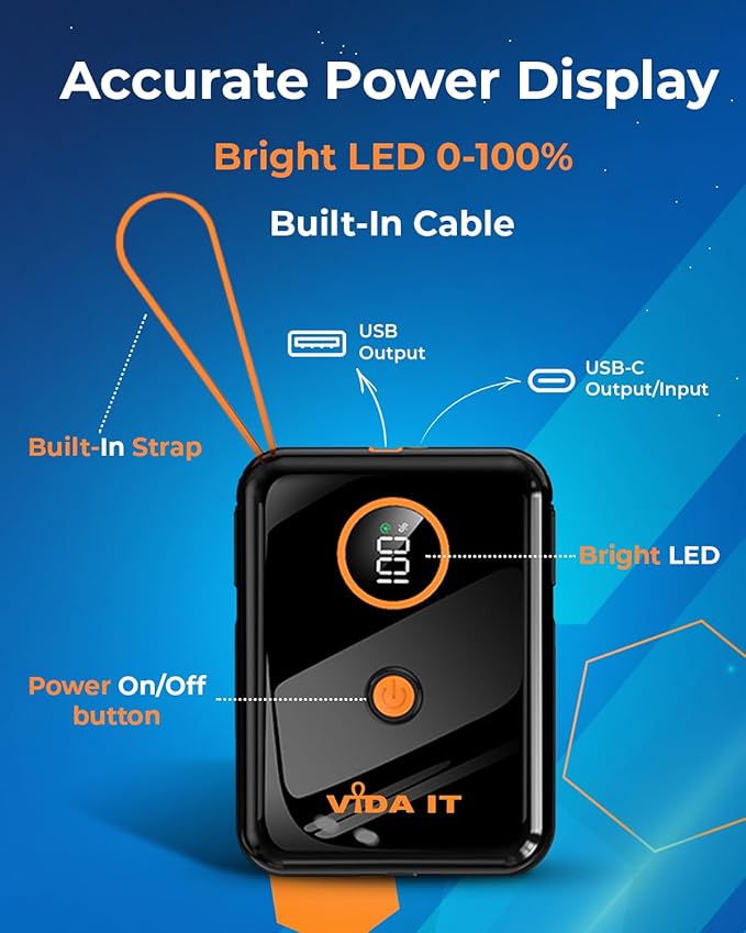 5V 2A Power Bank for Heated Jacket, Heated Vest Battery Pack 10000mAh Portable USB Charger, Power Pack for Heated Stadium Seat Chair, Mobile Phone Charger for iPhone Android with Built-In Cable Fast