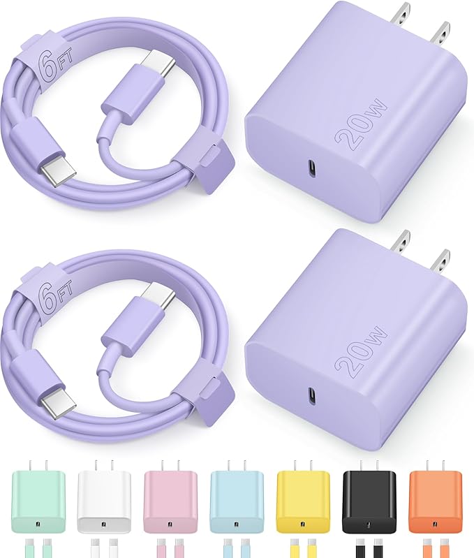 iPhone 17 16 15 Charegr Fast Charging Type C Chargers USB C Charger Block iPhone Air Chargers with 2 Pack 6FT Cable for iPhone 17/17 Plus/17 Pro Max/16/16 Plus/16 Pro Max/15 Pro Max/iPad Pro(Purple)