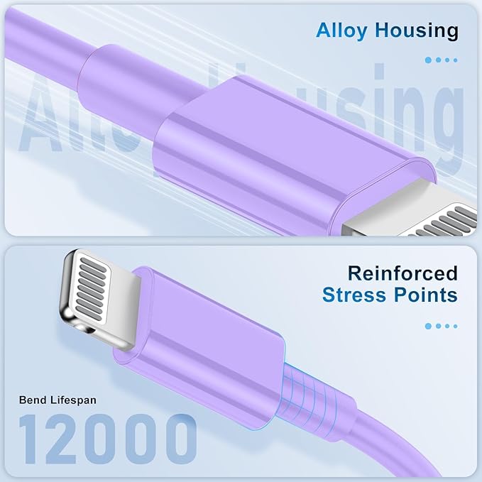 3 Pack Apple MFi Certified Charger Cable 6Ft, Lightning to USB Cable Cord 6 Foot, 2.4A Fast Charging,Apple Phone 6 Feet Long Chargers for iPhone 14/13/12/11/X/XS/XR/SE/8/7/6/5 Plus Pro Max Mini Purple