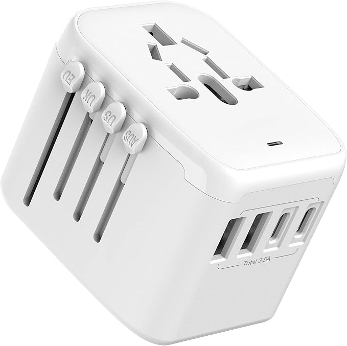 VYLEE Universal International Power Travel Plug Adapter, 5 in 1 European Travel Plug Adapter W/ 3.5A 2xUSB-A and 2xUSB C Wall Charger and Worldwide AC Outlet for Europe USA UK AUS Asia(White)