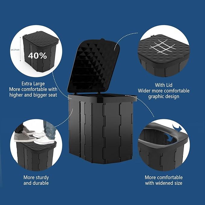 Hapoon XL Portable Folding Camping Toilet - Travel Potty for Adults, 12 Toilet Bags, 12 Pack Liquid Waste Gel, Black