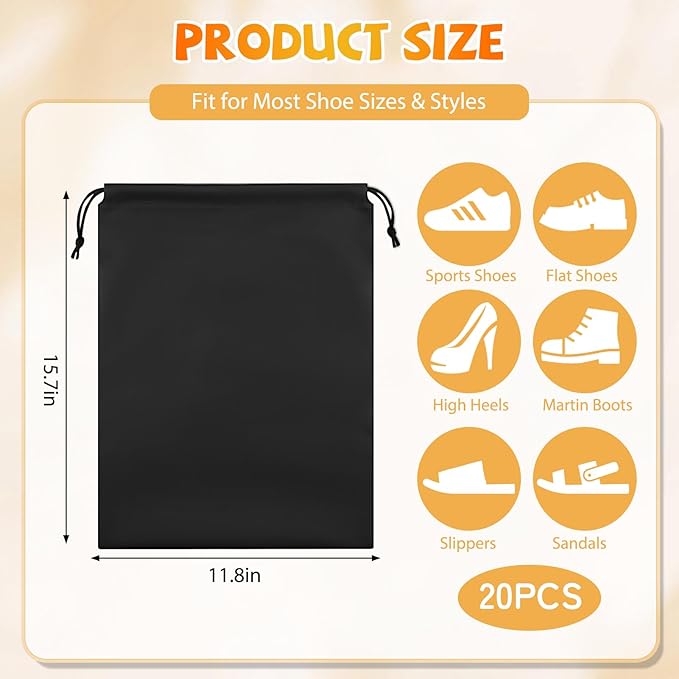 Shoe Bags for Travel, 15.7" x 11.8" Travel Shoe Bags for Packing, Large Waterproof Portable Drawstring Travel Shoe Storage Bag Travel Essentials Women for and Men (Black)