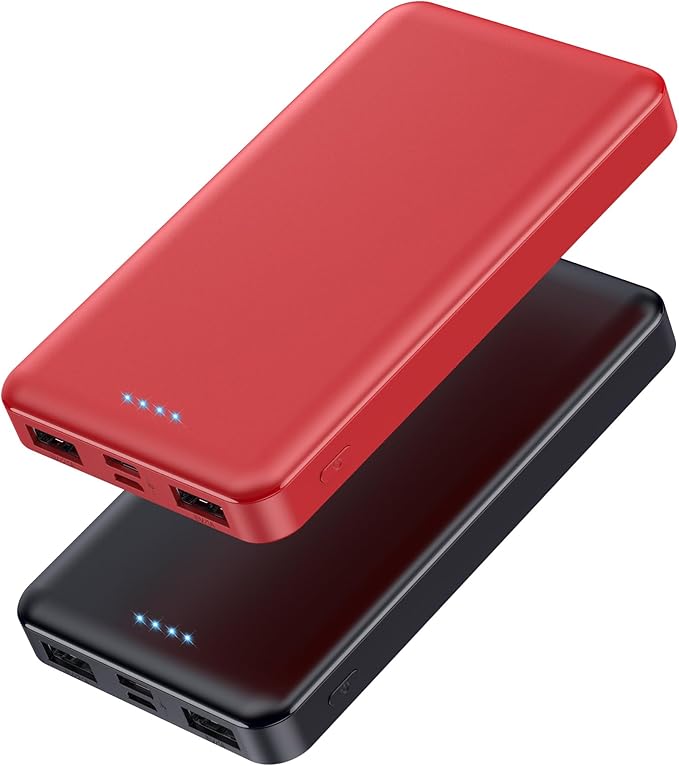 [2 Pack] Portable Charger Power Bank 10000mAh,Ultra Slim Compact External Battery Pack with USB C Input & Dual USB Outputs Backup Charger Compatible with iPhone 13,12, Samsung S20,Tablet-Black+Red