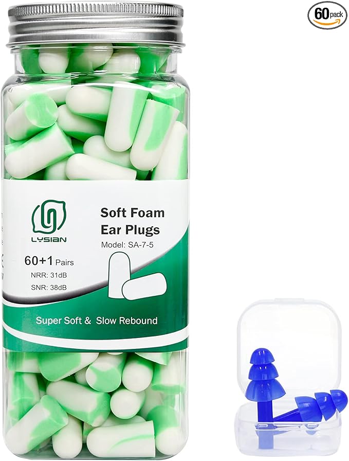 LYSIAN Ultra Soft Foam Earplugs for Sleep 60 Pairs, 38dB SNR Ear Plugs for Sleeping Noise Cancelling, Mowing and Snoring,Double Color Green/White