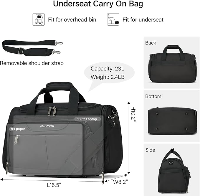 Hanke Small Travel Duffel Bag, Under Seat Carry On Personal Item Bag with 11 Pockets, Lightweight Water Resistant Foldable Weekender Bag with Trolley Sleeve for Travel Gym Daily Use（Black）