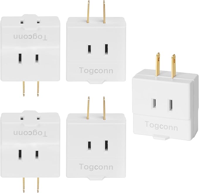 2-Prong to 2-Prong 3-Side Outlet Plug Splitter Converter - 5 Pack, Non-Ground Outlet for Old Home, Hotel, White