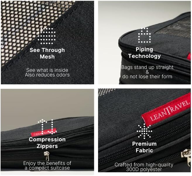 LeanTravel Premium Compression Packing Cubes for Travel - Suitcase Organizer Bags with Double Zipper & Breathable Mesh Panel - Space Saving Carry On Luggage Essentials (6-Pack Black)