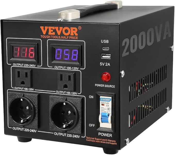 VEVOR Voltage Converter Transformer, 2000W, Heavy Duty Step Up/Down Transformer, Convert from 110 Volt to 220 Volt and from 220 Volt to 110 Volt, with US Outlet EU Outlet 5V USB Port, CE Certified