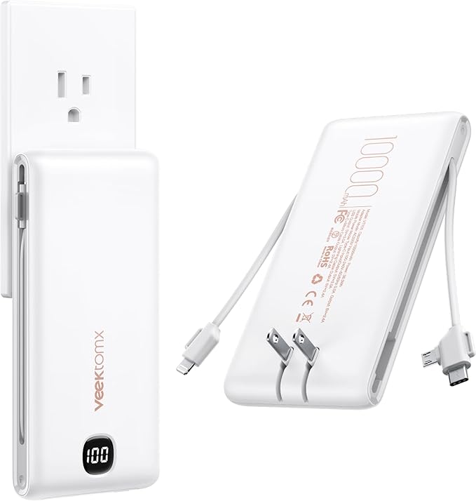 VEEKTOMX Portable Charger with Built in Cables 10000mAh, Power Bank for iPhone with AC Wall Plug, Fast Charging USB C Slim Battery Pack with LED Display Compatible with iPhone 17/16/15/14, Samsung