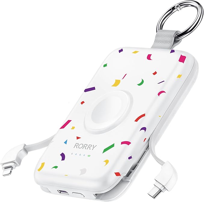 RORRY CharmGo Portable Charger, 10000mAh 20W Fast Charging Portable Charger Power Bank with Built in Cables, Travel Battery Pack for iPhone 17/16/15/14/13/12 and Apple Watch, Confetti-White