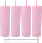 Volhoply 20oz Plastic Skinny Tumblers Bulk 4 Pack,Double Wall Tumbler with Lid and Straw,Reusable Travel Iced Coffee Mug,BPA Free Matte Acrylic Water Cups With Straw for Party,DIY Gifts(Pink, 4 Set)