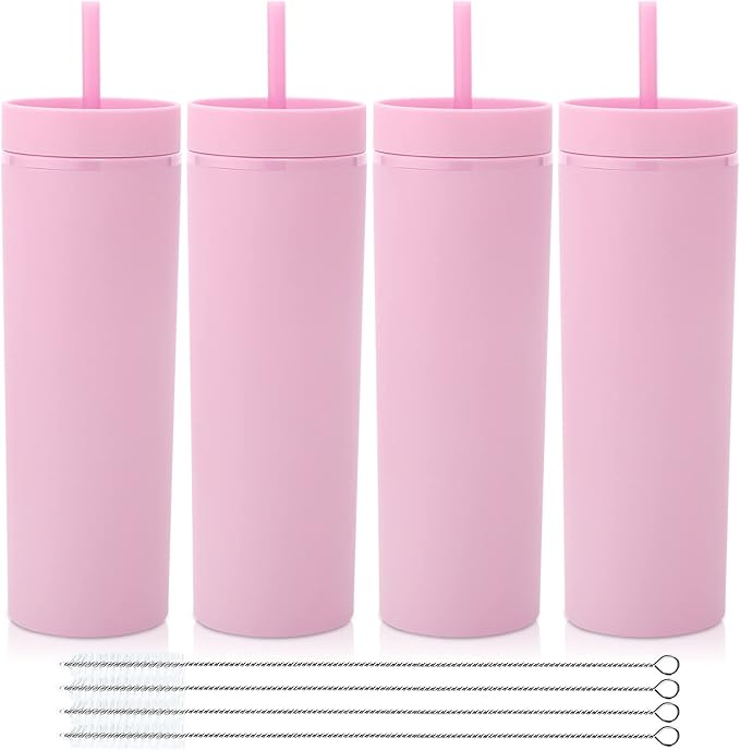 Volhoply 20oz Plastic Skinny Tumblers Bulk 4 Pack,Double Wall Tumbler with Lid and Straw,Reusable Travel Iced Coffee Mug,BPA Free Matte Acrylic Water Cups With Straw for Party,DIY Gifts(Pink, 4 Set)