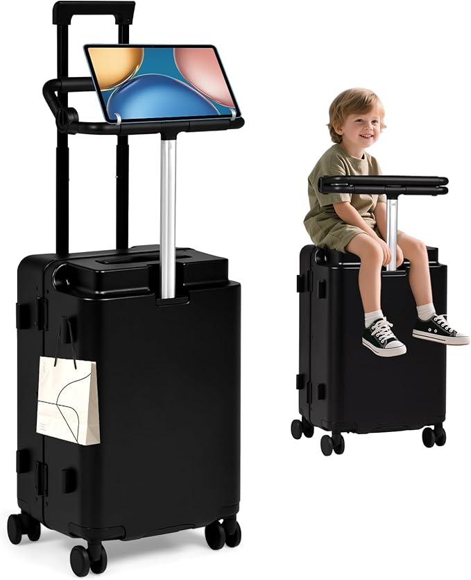 smilesun 20" Adjustable Fence Luggage with Seat, Carry On Suitcase for Kids & Adults, 200lbs Support, 360° Silent Wheels with TSA Lock, Tablet & Cup Holder(Black)