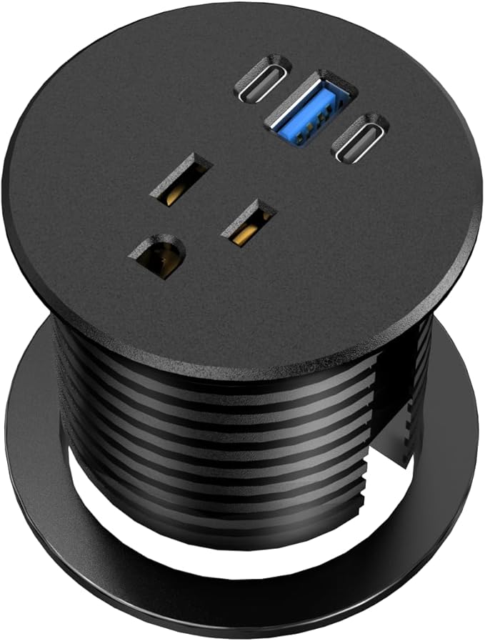 Desk Grommet Power Outlet, 2.5 inch Desktop Recessed Outlet with 20W Fast Charging USB-C Port, Flush Mount Outlet for Conference Rooms, Office Tables, Furniture (Black, 10FT)