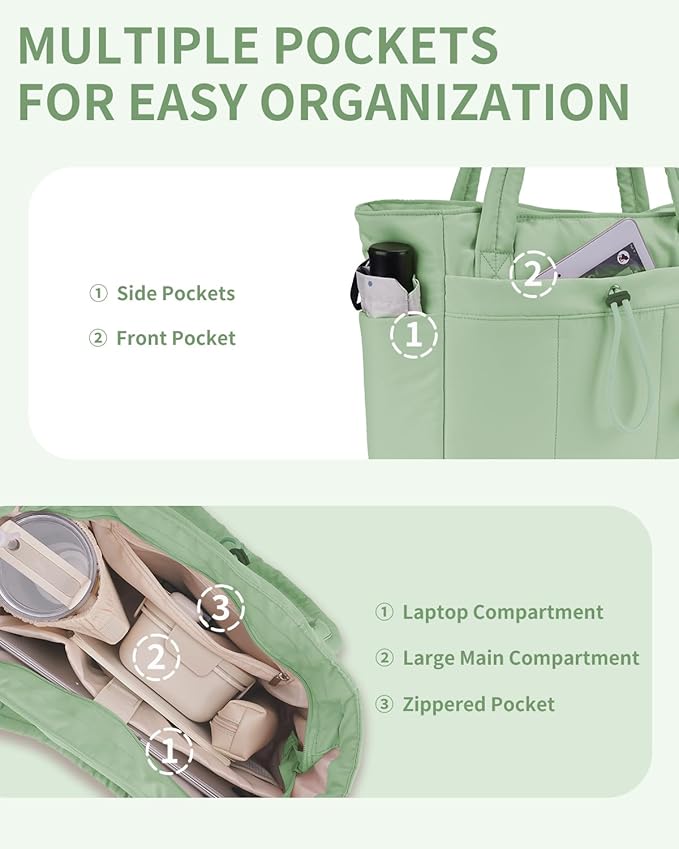 Wandering Nature Puffer Tote Bag with Cup Holder & Laptop Compartment & Trolley Sleeve for Travel, Work, Nurse, Women