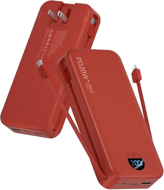 citicr Portable Charger Power Bank, 20000mAh PD20W USB C Fast Charging with Built-in Cable & Wall Plug, External Battery Pack with LED Display, Travel Essential for iPhone, iPad, Samsung Red