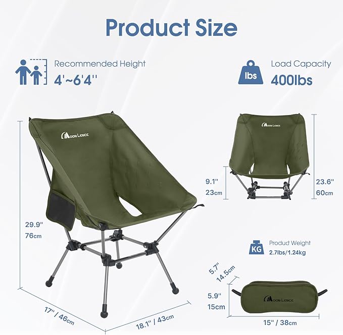 MOON LENCE Portable Camping Chair Plus, Larger & Roomier, Compact and Lightweight Still, Folding Chair for Backpacking & Hiking, 330Lbs Capacity (Moss Green-2pack)